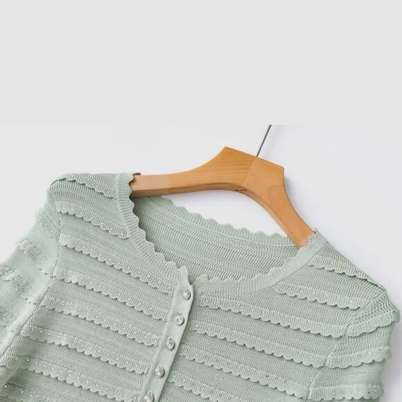Women Ribbed Knit Two-Piece Set Round Neck Cardigan-Midi Skirt Mint Green Size M - Picture 7 of 17
